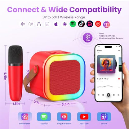 Mini Karaoke Machine, Portable Bluetooth Speaker & 2 Wireless Microphones | Karaoke Player Karaoke Microphone For Family Home Party Outdoor With HI-FI Sound | 5 Magic Sound | PA System | USB | TF | AUX - color: Red