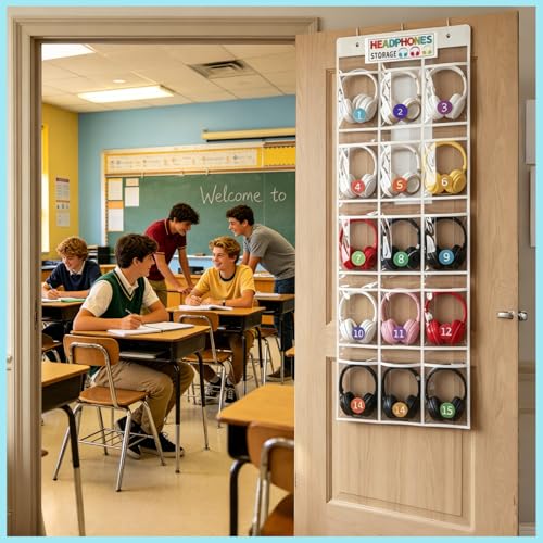 2 Pack Clear PVC Classroom Headphone Storage Organizer - 30 Pocket Over-the-Door Hanging Holder Bag for Headphones/Cell Phones, Includes 62 Labels