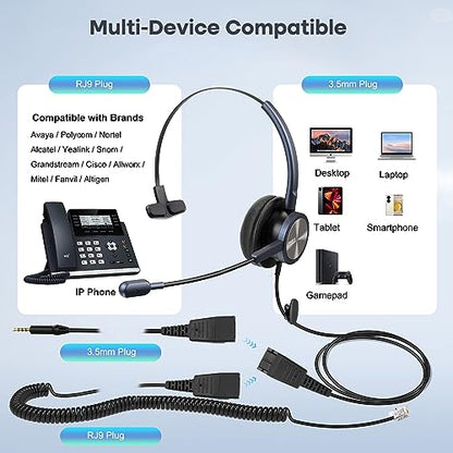 MAIRDI Phone Headset with RJ9 Jack & 3.5mm Connectors for Call Center Office Deskphone Cell Phone PC Laptop, Landline Telephone Headset with Microphone Noise Canceling for Polycom Avaya Nortel - style: Mono