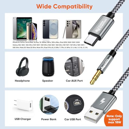 CableCreation USB C to 3.5mm Audio Cable with USB Charging Car Aux Cable | Type C to Aux Jack Headphone Car Stereo with 18W Charge for iPhone 16 15 Pro Max Plus, Galaxy S24/S23+, Pixel 9/8/7+ - style: USB C+3.5mm Audio+USB C Charging (Grey)