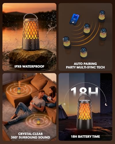 Outdoor Speakers Bluetooth 5.3 with Flame Light,Up to 100-speaker Sync,IPX6 | Waterproof, Wireless Auto-Pairing, HD Stereo Sound Atmosphere Lantern for Party Patio Porch Pool Camp Backyard, Gift for Men