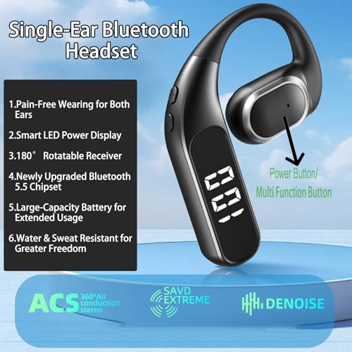 Single Ear Wireless Bluetooth Headset, Bluetooth 5.5, LED Power Display, ENC Noise Cancellation, 360° ACS Sound, Sweatproof, for Phone Tablet Laptop - F62, Black - color: Single Ear Headphone F62 Black