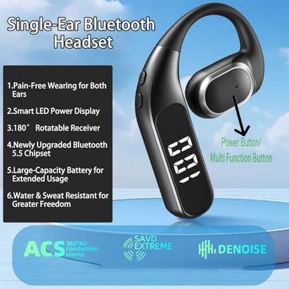Single Ear Wireless Bluetooth Headset, Bluetooth 5.5, LED Power Display, ENC Noise Cancellation, 360° ACS Sound, Sweatproof, for Phone Tablet Laptop - F62, Black - color: Single Ear Headphone F62 Black