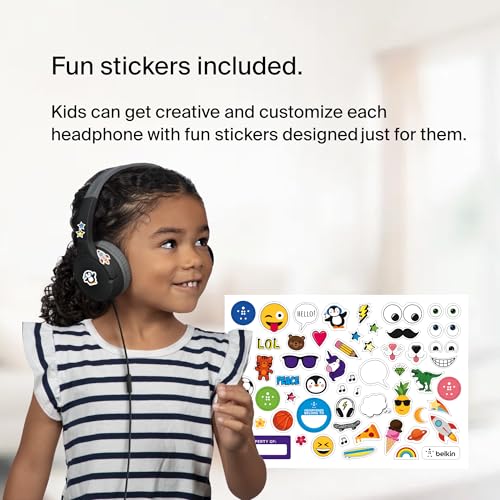 Belkin SoundForm Mini Wired Kids Headphones, On Ear, 3.5mm | Toddler headphones, built-in mic, 85dB safe volume limit, durable design, online learning, classroom, travel - color: Black, style: Wired
