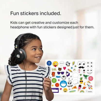Belkin SoundForm Mini Wired Kids Headphones, On Ear, 3.5mm | Toddler headphones, built-in mic, 85dB safe volume limit, durable design, online learning, classroom, travel - color: Black, style: Wired