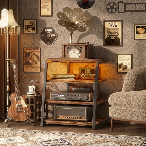 Besiost AV Media Stand with Outlets, Media Console with LED Lights, Stereo Racks and Stands with Storage Shelves, Media Audio Tower Cabinet, Rustic Brown - color: Rustic