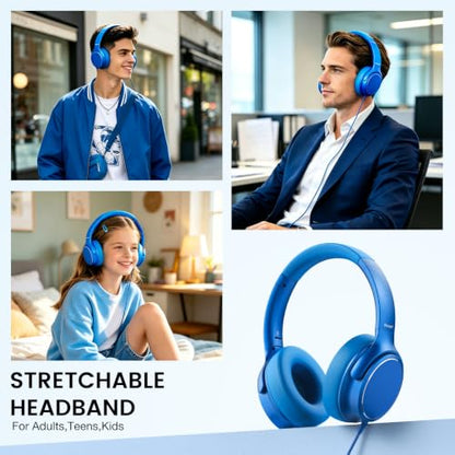 USB C Wired Over-Ear Headphones with Microphone | Volume Control, Share Port, Adjustable Headband Foldable Stereo Headset for Adult/Teens for iPhone 16, Laptop, Gaming, Travel - color: Sky Blue