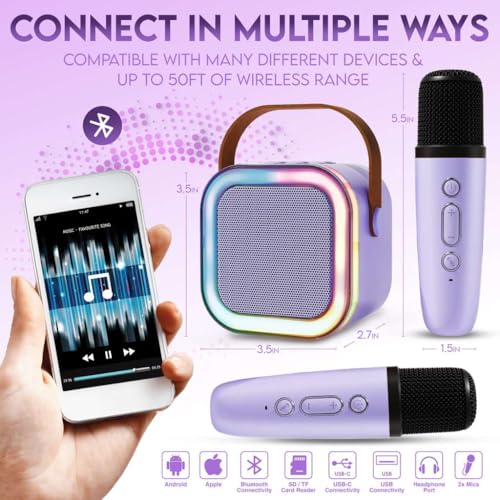 Karaoke Machine for Kids Adults, Portable Mini Bluetooth Speaker with 2 Wireless Microphones, LED Lights, Singing System for Family Home Party, Voice Changer, Boys Girls Karaoke Machine with Speaker - color: Purple