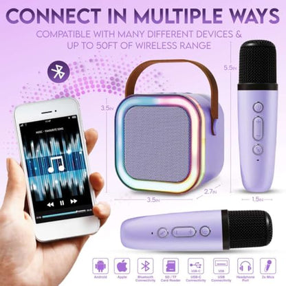 Karaoke Machine for Kids Adults, Portable Mini Bluetooth Speaker with 2 Wireless Microphones, LED Lights, Singing System for Family Home Party, Voice Changer, Boys Girls Karaoke Machine with Speaker - color: Purple