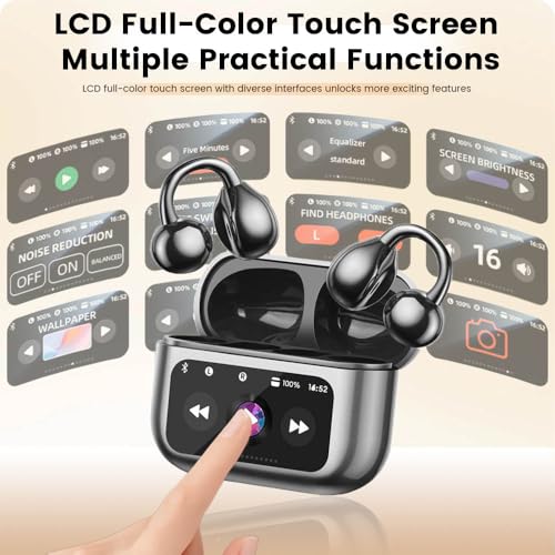Clip On Ear Headphones, Open Ear Earbuds Wireless Bluetooth 5.4, Clip On Earbuds with LCD Touchscreen, Lightweight Comfort Open Ear Headphones for Pad Tablet Laptop Android/iOS Phones (Black) - color: Black
