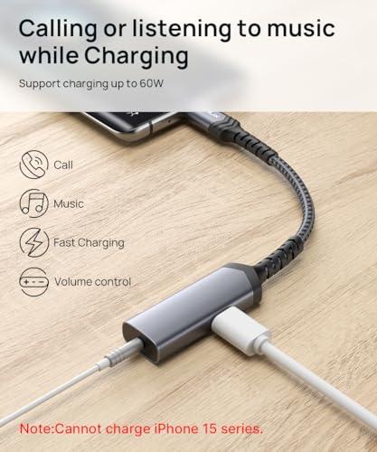 JSAUX USB C to 3.5mm Headphone Charger Adapter, 2-in-1 PD 60W AUX PC-Black | USB C to 3.5mm Headphone and Charger Adapter, 2 in 1 AUX Mic Jack, PD 60W Fast Charging, for iPhone 15 Pro Max Galaxy S24 PC - color: Black