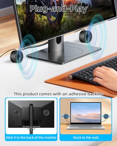 GELRHONR Mini Computer Speaker,Small Computer Speaker, 3.5mm Mini Speaker, 3.5mm TRS AUX Input, Adhesive Backed, USB Powered with Volume Control for Laptop, Raspberry Pi, PC, Phone, 1.2M/3.9FT