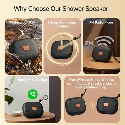 FunHub Waterproof Bluetooth Shower Speaker, Small & Light with Anti-Slip Sides, 3 Play Modes, FM Radio, Bluetooth 5.3 Immersive Stereo Sound (TWS), for Bathroom, Pool, Beach & Outdoor Party – Black - color: Black