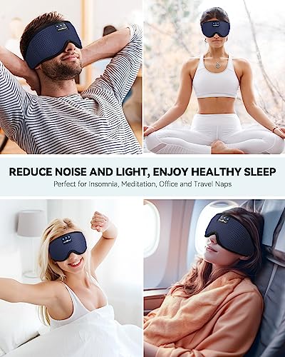 MUSICOZY Sleep Headphones Bluetooth 5.4 Sleep Mask with HD Sound | Breathable Flat Design with Cooling Lining, Washable Headband, 14 Hours Playtime for Travel Meditation Relaxation Gifts - color: Navy Blue