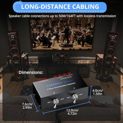CAMWAY 2-Zone Speaker Selector Switch - 1 Amplifier to 2 Speaker Pairs,Independent On/Off Control, 150W RMS, Passive Audio Splitter for 4-16Ω Speakers, Home Theater, Patio & Multi-Room Audio - size: 4.7x3x1.6inch