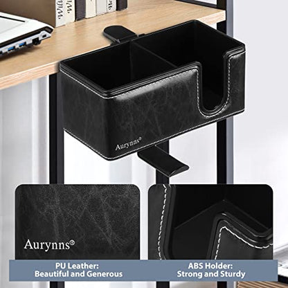 Under Desk Cup Holder Clamp on Cup Holder PU Leather Clip on Desk Organizer | Desk organizer with pencil holder clamp on side, under desk hanging organizer, clip on cup holder desk phone stand holder PU - color: Black