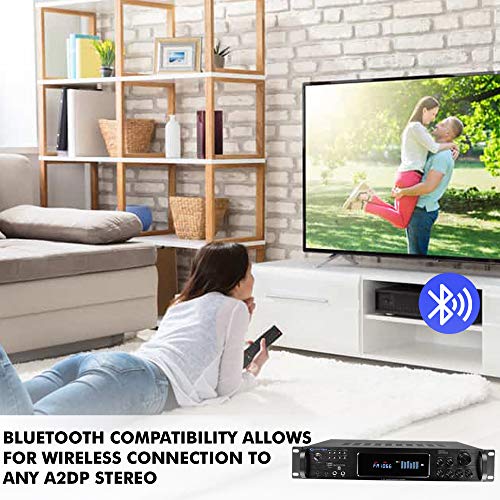 1500 Watt Bluetooth Home Stereo Amplifier, Digital Hybrid Multi Channel | Preamp, Tuner with USB and SD Inputs, 2 Mic Inputs, AM/FM digital tuner, Wireless Remote, Bass & Treble Controls