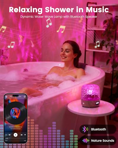 Waterproof Shower Lamp, 16 Colors Ocean Wave Effect Projector Light with Bluetooth Music Speaker for Bedroom Relaxing Shower