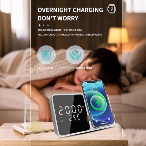 IHAO Multifunctional Alarm Clock with Wireless Charging for Phone 15W Fast Charger Large LED Display Temperature Phone Bracket for Bedside & Desk-W5 White - color: Wireless Charger Alarm Clock W5 White