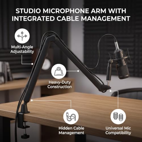 Studio Mic Arm with Cable Management, 5.7in Extension Pole, Adjustable Microphone Boom Arm for Podcast Recording