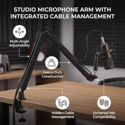 Studio Microphone Arm, 5.7in Extension Pole Adjustable Mic Boom Stand with Cable Management, for Streaming Gaming Podcast Recording