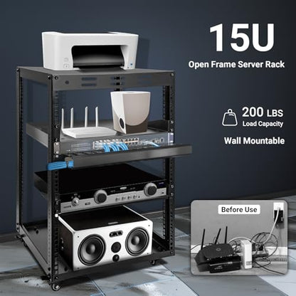 15U Open Frame Server Rack, Wall-mountable IT Rack w/Swivel Casters, 2 Rack Shelves, Top & Bottom Panels, Network Rack for Stereo/Computer/Data/IT/AV Equipment, 19.7”L x 18.8”W x 32.3”H - size: 15U