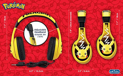 eKids Pokemon Pikachu Wired Kids Headphones, Adjustable, Stereo Sound, 3.5Mm Jack, Tangle-Free, Volume Control, Children's Headband On Ear for School Home, Travel - color: Yellow