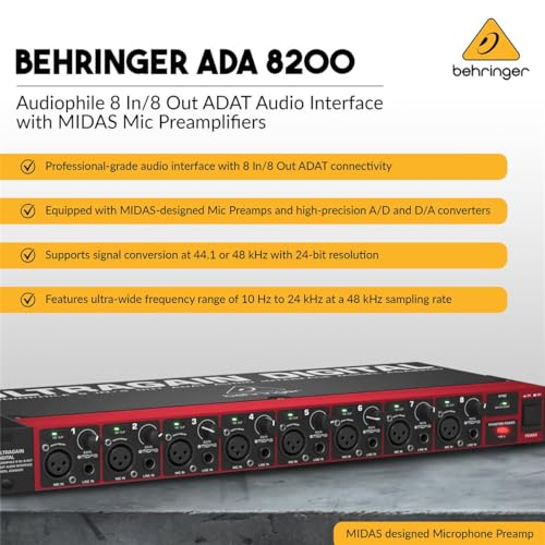 Behringer Ultragain Digital ADA8200 Audiophile 8 In/8 Out ADAT Audio Interface with MIDAS Mic Preamplifiers with 2x 25' XLR Cables