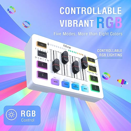 FIFINE Audio Mixer, Gaming Streaming PC Mixer with Slider Fader, XLR Microphone Interface, Monitoring, for Video/Game Voice/Podcast Recording-AmpliGame SC3W | USB PnP For PC,Mute Button,XLR Preamp,RGB,Voice change,48V Phantom Power,Monitoring,Podcast,Reco
