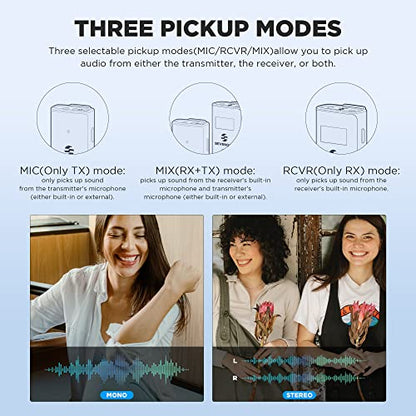 Wireless Lavalier Microphone for Cameras Camcorder,Noise Cancellation,328ft Range,3 Pickup Modes,Compact Clip-on Lapel Mic for Video Recording YouTube Live Streaming Podcasting