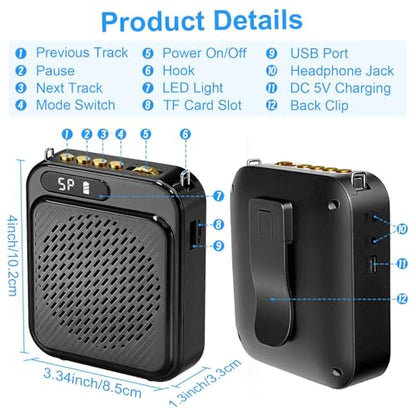 Bluetooth Voice Amplifier for Teachers, 10W Portable Voice Amplifier with Mic Wired, Personal Microphone Headset and Speaker for Classroom, Tour Guide, Elderly, Yoga (Black)
