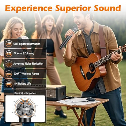Wireless Microphone System, Fixed Frequency, Dual UHF Handheld Microphones, 200ft Long Range, Plug & Play, Cordless Microphone for Singing, Karaoke, DJ, Church, Wedding, Home KTV