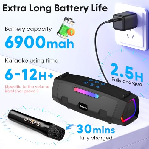 60W Clear Powerful Karaoke Machine: Portable 2 Wireless UHF Microphones | 6-12H Long Runtime Karaoke Speaker for All Home Party & Events 10s 5.3 Bluetooth Fast Pairing & 50ft Stable Connection