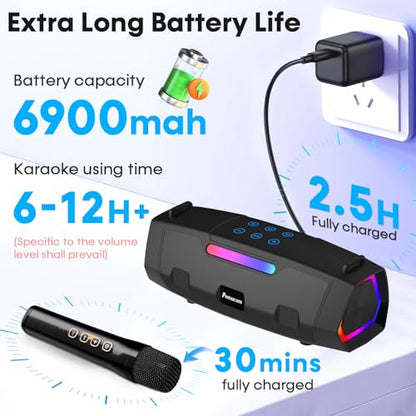60W Clear Powerful Karaoke Machine: Portable 2 Wireless UHF Microphones | 6-12H Long Runtime Karaoke Speaker for All Home Party & Events 10s 5.3 Bluetooth Fast Pairing & 50ft Stable Connection