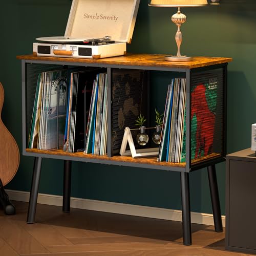 Record Player Stand with Adjustable Divider Vinyl Storage Holder Up to 200 Albums Mid-Century Large Record Player Table Vinyl Holder Turntable Stand End Table for Bedroom & Living Room, Patent Pending - size: 29.9"W x 13.4"D x 27.5"H