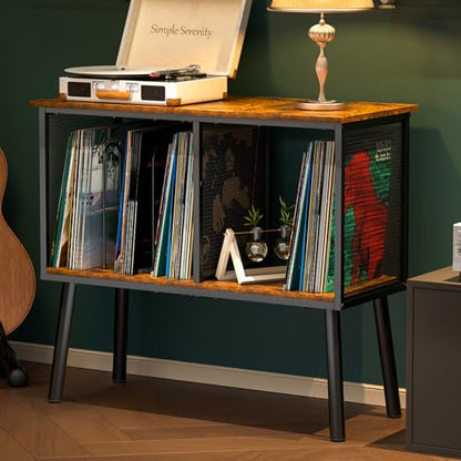 Record Player Stand with Adjustable Divider Vinyl Storage Holder Up to 200 Albums Mid-Century Large Record Player Table Vinyl Holder Turntable Stand End Table for Bedroom & Living Room, Patent Pending - size: 29.9"W x 13.4"D x 27.5"H