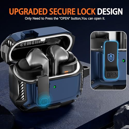 Safety Lock Case for Samsung Galaxy Buds3 FE/3/3 Pro (Blue) | with Phone Stand,with Secure Lock Clip & Cleaning kit Full Body Shockproof Carbon Fiber Protection Design - color: D-blue