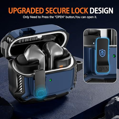 Safety Lock Case for Samsung Galaxy Buds3 FE/3/3 Pro (Blue) | with Phone Stand,with Secure Lock Clip & Cleaning kit Full Body Shockproof Carbon Fiber Protection Design - color: D-blue