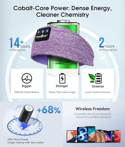 MUSICOZY Bluetooth 5.4 Sleep Headphones Headband Sports Wireless Audio | Earbuds 2 in 1 Design with Breathable Stretch Fabric, HD Stereo Sound Speakers for Workout Yoga Running, Nighttime Sleep Use - color: Purple