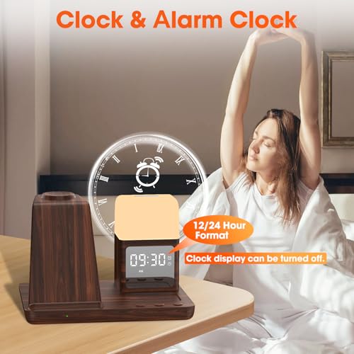 Wireless Charger for Samsung/Android Charging Station, 6 in 1 Fast Watch Charger with Alarm Clock-Night Light, Compatible for Galaxy S25 Ultra/S24, Only for Samsung Watch8/7, Galaxy Buds3 Pro(Walnut) - color: Walnut