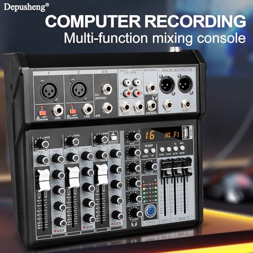 Depusheng Professional Audio Mixer, 4 Channel Audio Interface Sound Board Mixing Console System, 16-Bit DSP DJ Bluetooth Mixer +48V Phantom Effect For Karaoke Studio Streaming Recording (XT4)