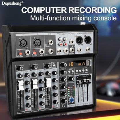 Depusheng Professional Audio Mixer, 4 Channel Audio Interface Sound Board Mixing Console System, 16-Bit DSP DJ Bluetooth Mixer +48V Phantom Effect For Karaoke Studio Streaming Recording (XT4)