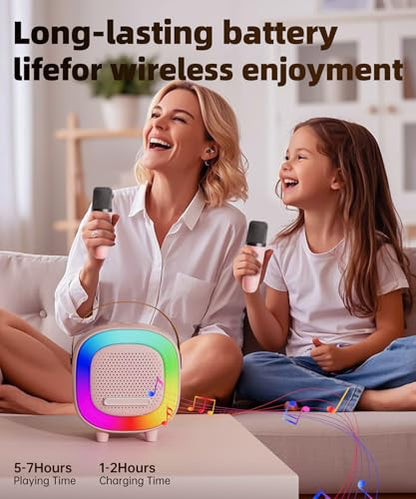 Kids Karaoke Machine Toy Ages 3-12, Mini 2 Wireless Mics Bluetooth Speaker | LED Party Lights, Voice Changer, Duets, BT 5.3, Rechargeable Portable, Christmas Birthday Gifts for Toddler Boys & Girls - color: Pink - 2 Mics