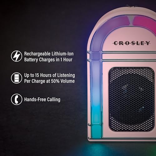 Crosley CR3046A-PI Mini Jukebox Portable Bluetooth Speaker, Pink | Bluetooth In, 5 Color-Changing Light Modes, LED Lights Sync with Music, Rechargeable Lithium-Ion Battery - color: Pink