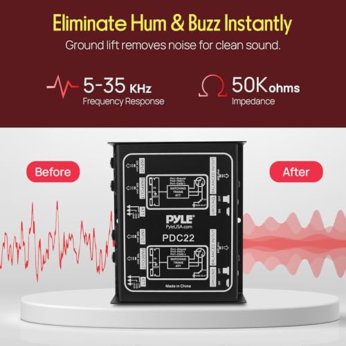 PYLE-PRO Premium Direct Injection Audio Box - Passive DI Unit Hum Eliminator w/ Input Attenuator to Connect Guitar & Bass - 1/4 Inch Impedance Transformer Connector to Balanced & Unbalanced XLR-PDC22 , Black