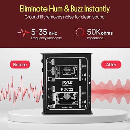 PYLE-PRO Premium Direct Injection Audio Box - Passive DI Unit Hum Eliminator w/ Input Attenuator to Connect Guitar & Bass - 1/4 Inch Impedance Transformer Connector to Balanced & Unbalanced XLR-PDC22 , Black