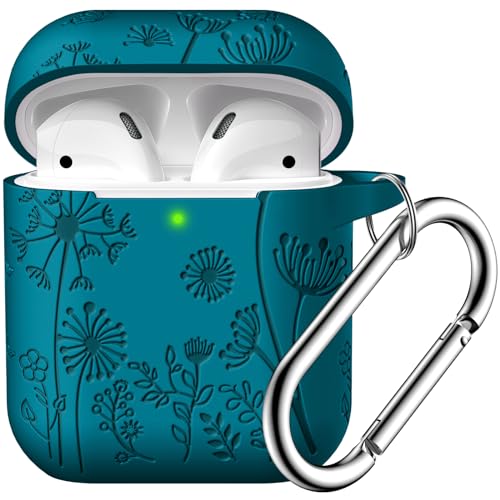 Lerobo for AirPod Case 2nd/1st Generation with Keychain | Flower Engraved Silicone Protective Cover for AirPods 2 Case, Wireless Charging, Shockproof, One-piece Design, Verdant Blue - color: Verdant Blue