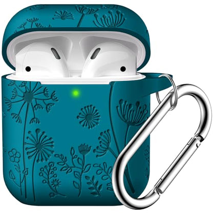 Lerobo for AirPod Case 2nd/1st Generation with Keychain | Flower Engraved Silicone Protective Cover for AirPods 2 Case, Wireless Charging, Shockproof, One-piece Design, Verdant Blue - color: Verdant Blue