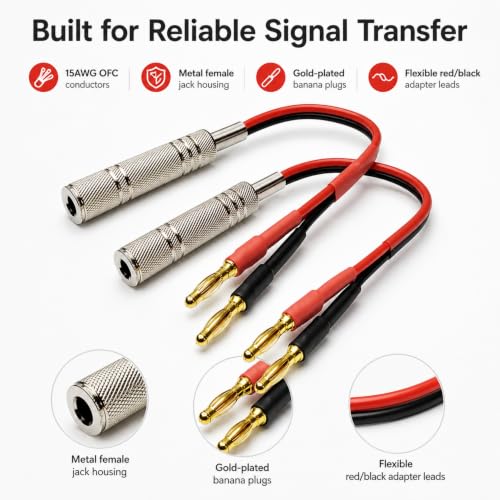 1/4 TS to Banana Plug Speaker Cable 2-Pack, 15AWG Gold-Plated OFC Flexible Silicone, for Marshall Fender QSC JBL Yamaha Guitar Amp Studio Monitor PA System