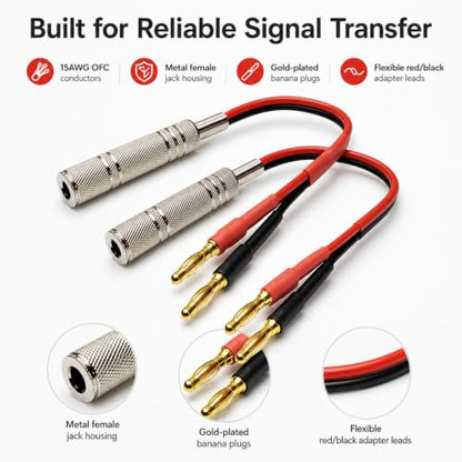 1/4 TS to Banana Plug Speaker Cable 2-Pack, 15AWG Gold-Plated OFC Flexible Silicone, for Marshall Fender QSC JBL Yamaha Guitar Amp Studio Monitor PA System